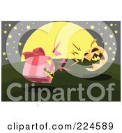 Royalty Free RF Clipart Illustration Of A Gift And Jackolantern Fighting On A Hill by mayawizard101