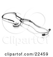 Clipart Illustration Of A Chrome And Blue Doctor Or Veterinarian Stethoscope Resting On A Reflective White Surface by KJ Pargeter