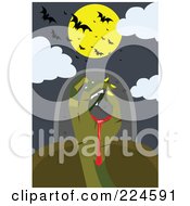 Royalty Free RF Clipart Illustration Of A Bloody Zombie Hand Under Bats And A Full Moon