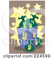 Royalty Free RF Clipart Illustration Of A Bin Full Of Money Bags Over Brown With Stars