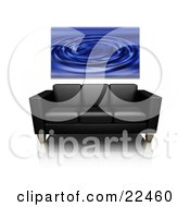 Clipart Illustration Of A Blue Water Ripple Art Print Hanging On A Wall Above A Black Leather Couch On A Reflective White Surface