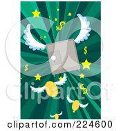Poster, Art Print Of Winged Safe Over Green Rays And Fling Coins Stars And Dollar Symbols