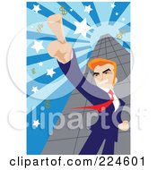 Poster, Art Print Of Businessman Pointing Up And Standing By A Skyscraper With Dollar Symbols