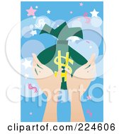 Poster, Art Print Of Womans Hands Holding A Money Bag Over Blue With Dollar Symbols And Stars