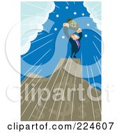 Royalty Free RF Clipart Illustration Of A Businessman Holding A Money Bag On Top Of A Dollar Bar Graph