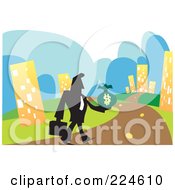 Royalty Free RF Clipart Illustration Of A Businessman Walking Down An Urban Path With A Money Bag