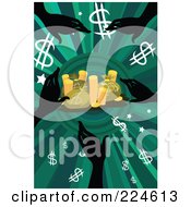 Poster, Art Print Of Silhouetted Hands Reaching For Dollar Symbols Money Bags And Coins On Green