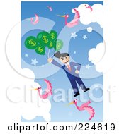 Poster, Art Print Of Businessman Floating In The Sky With Pink Birds And Dollar Balloons