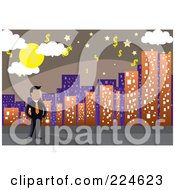 Royalty Free RF Clipart Illustration Of A Businessman Standing By A City Skyline Under A Dollar Sky
