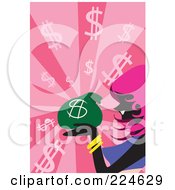 Royalty Free RF Clipart Illustration Of A Silhouetted Woman Smiling And Holding A Money Bag Over Pink Dollar Rays