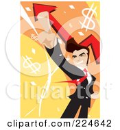 Poster, Art Print Of Businessman Pointing Up Over Arrows And Dollar Symbols