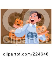 Poster, Art Print Of Happy Guy Holding Halloween Pumpkins