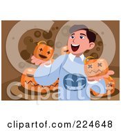 Royalty Free RF Clipart Illustration Of A Happy Guy Holding Halloween Pumpkins