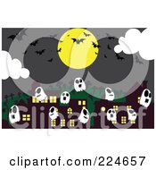Poster, Art Print Of Ghosts And Bats By Buildings Under A Full Moon