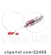 Clipart Illustration Of A Medical Syringe And Needle Dripping Blood Onto A Reflective White Counter After A Blood Withdrawal by KJ Pargeter