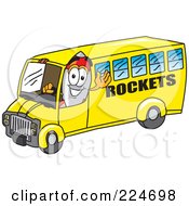 Rocket Mascot Cartoon Character Driving A Rockets School Bus