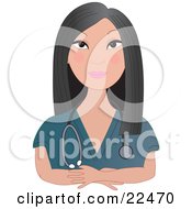 Clipart Illustration Of A Confident Female Asian Doctor Nurse Or Veterinarian With Long Black Hair Wearing Teal Scrubs And A Stethoscope Around Her Neck Facing Front by Maria Bell #COLLC22470-0034
