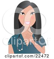 Clipart Illustration Of A Pleasant Female Asian Doctor Nurse Or Veterinarian With Long Black Hair Wearing Teal Scrubs And A Stethoscope Around Her Neck Touching Her Chest And Smiling