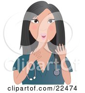 Poster, Art Print Of Talkative Female Asian Doctor Nurse Or Veterinarian With Long Black Hair Wearing Teal Scrubs And A Stethoscope Around Her Neck Gesturing With Her Hands