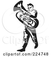 Black And White Thick Line Drawing Of A Man Playing A Tuba