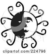 Royalty Free RF Clipart Illustration Of A Black And White Sun Face With Spirals by Prawny