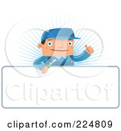 Royalty Free RF Clipart Illustration Of A Friendly Engineer Man Holding A Thumb Up Over A Blank Sign Over A Blue Burst