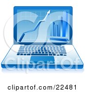 Poster, Art Print Of Blue Laptop With A Financial Grid Arrow And Bar Graph Displayed On The Screen