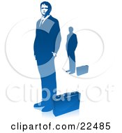 Corporate Businessman In A Suit Standing With His Hands In His Pockets A Briefcase At His Feet Also Includes A Silhouetted Image Over White