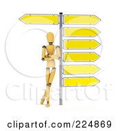 Wooden Mannequin Leaning Against The Pole Of Directional Signs