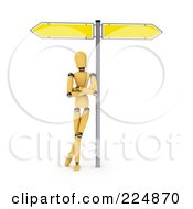 Wooden Mannequin Leaning Against The Pole Of A Directional Sign