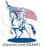 Royalty Free RF Clipart Illustration Of A Soldier Playing A Trumpet On Horseback By An American Flag