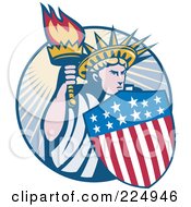 Poster, Art Print Of Retro Statue Of Liberty With An American Shield And Torch Logo