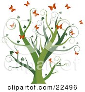 Clipart Illustration Of A Curly Green Tree With Heart Leaves Surrounded By Fluttering Orange Butterflies On A White Background by Tonis Pan #COLLC22496-0042