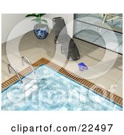 Poster, Art Print Of Chaise Lounge By A Potted Plant And Window With Flip Flops On The Tiles Around An Indoor Swimming Pool