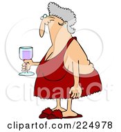 Senior Woman In Red Lingerie Carrying A Glass Of Wine