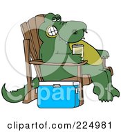 Relaxed Alligator Sitting In An Adirondack Chair And Drinking A Canned Beverage By A Cooler