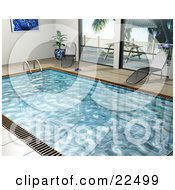 Poster, Art Print Of Two Chaise Lounges By An Indoor Swimming Pool With Large Windows Looking Out Onto A Patio