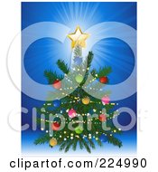 Poster, Art Print Of Trimmed Christmas Tree With A Golden Shining Star On Blue