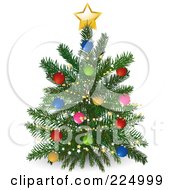 Poster, Art Print Of Trimmed Christmas Tree With A Golden Shining Star On Blue