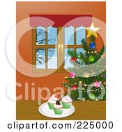Royalty Free RF Clipart Illustration Of A Plate Of Christmas Cupcakes And A Tree By A Window With A Winter Scene
