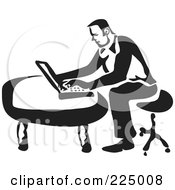 Poster, Art Print Of Black And White Thick Line Drawing Of A Man Using A Laptop