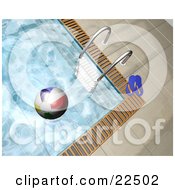 Pair Of Flip Flops And A Ladder At The Edge Of A Swimming Pool With A Colorful Beach Ball Floating On The Water