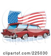 Poster, Art Print Of Retro Station Wagon And Wavy American Flag Logo