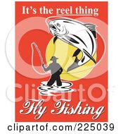 Poster, Art Print Of Its The Reel Thing Fly Fishing Text Around A Man Fly Fishing On Red