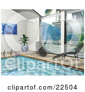 Potted Plant Art Print And Chaise Lounges Poolside By Big Windows Near An Indoor Swimming Pool
