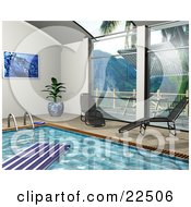 Poster, Art Print Of Two Chaise Lounges By Big Windows Beside An Indoor Swimming Pool With A Float On The Water