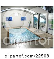 Art Prints Potted Plants And Chaise Lounges Poolside By An Indoor Swimming Pool