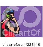 Royalty Free RF Clipart Illustration Of A Whimsy Man Talking On A Cellular Phone Over Purple