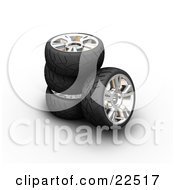 Stack Of Rubber Car Tires One Leaning Against The Stack Over White