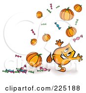 Blinky Cartoon Character With Floating Halloween Pumpkins And Candy